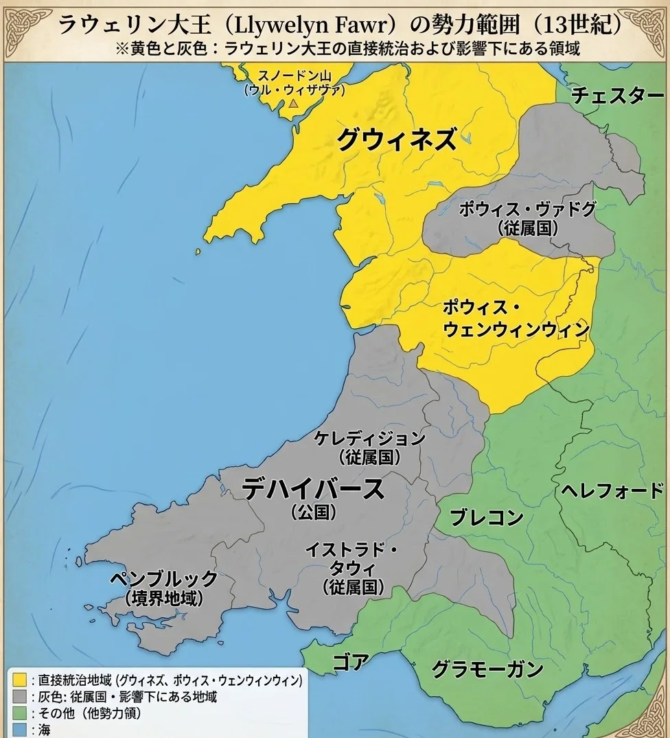 ラウェリン大王の勢力範囲(13世紀)