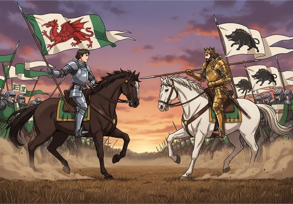 ボズワースの戦い(1485年)。赤い竜の旗のヘンリー・テューダーと、猪の旗のリチャード3世