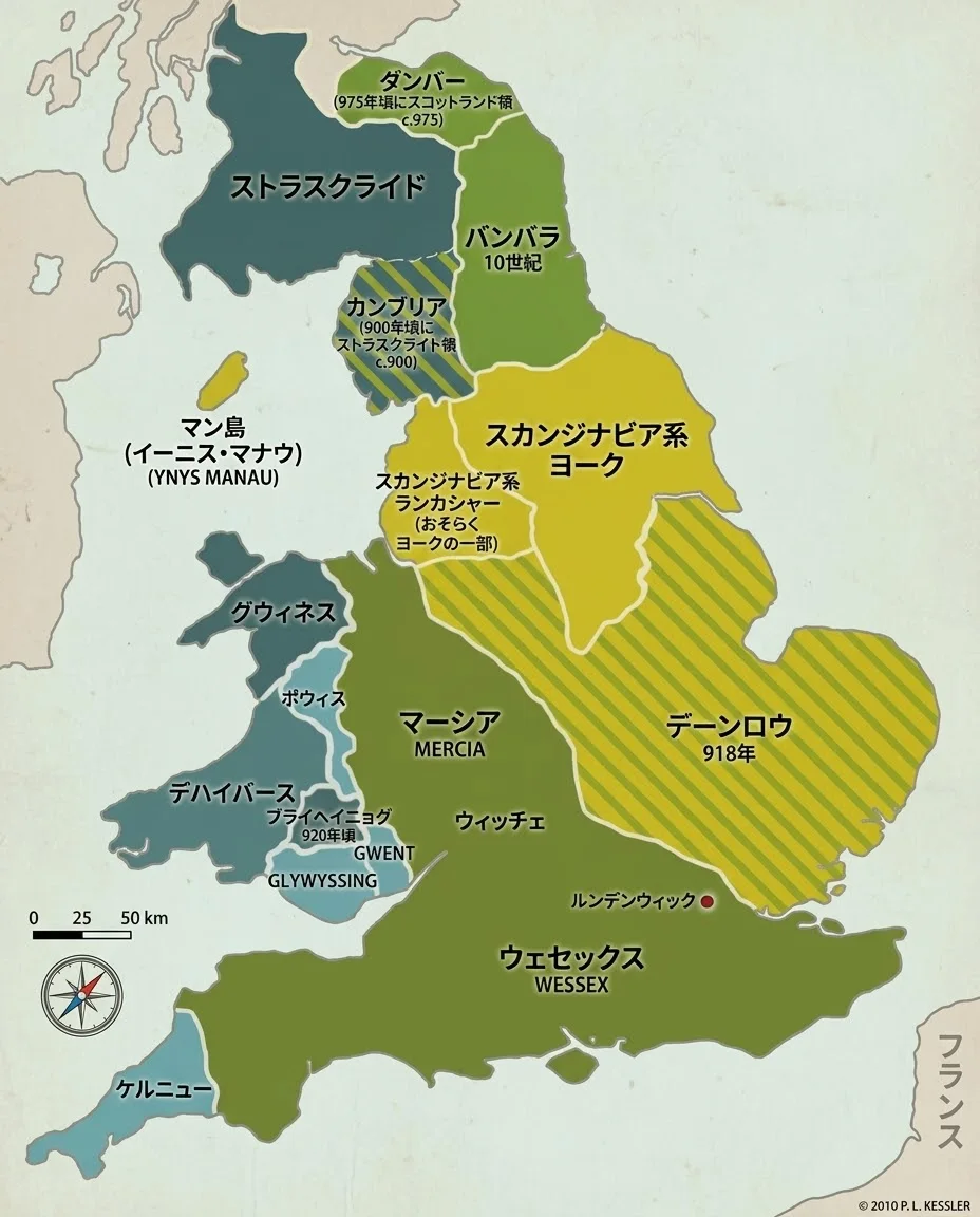 10世紀初めの勢力地図(黄色がヴァイキングの領土)