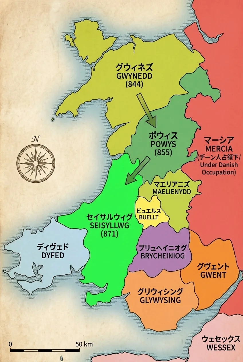 ロドリ大王が治めた領土(グウィネズ・ポウィス・セイサルウィグ)