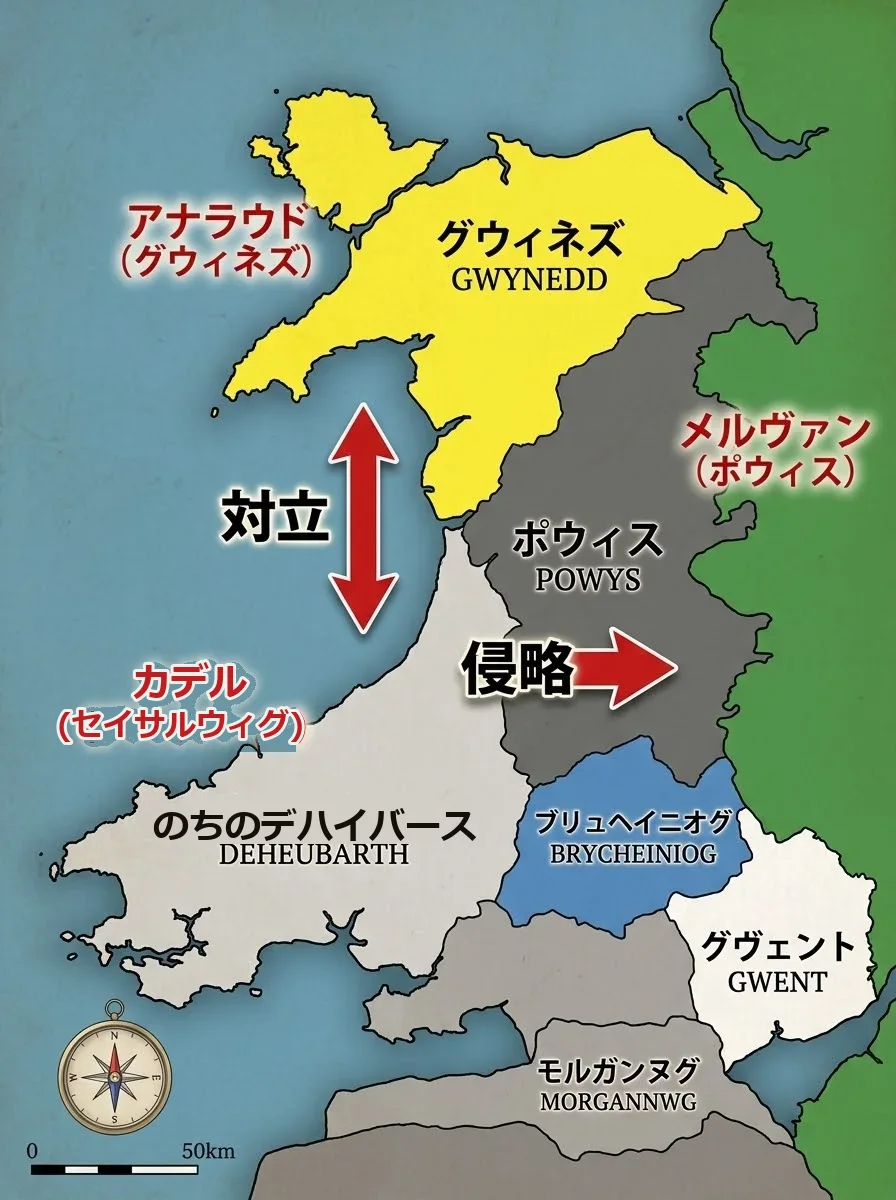 三兄弟の対立。灰色の南西部は、のちに息子ハウェルがまとめる「デハイバース」